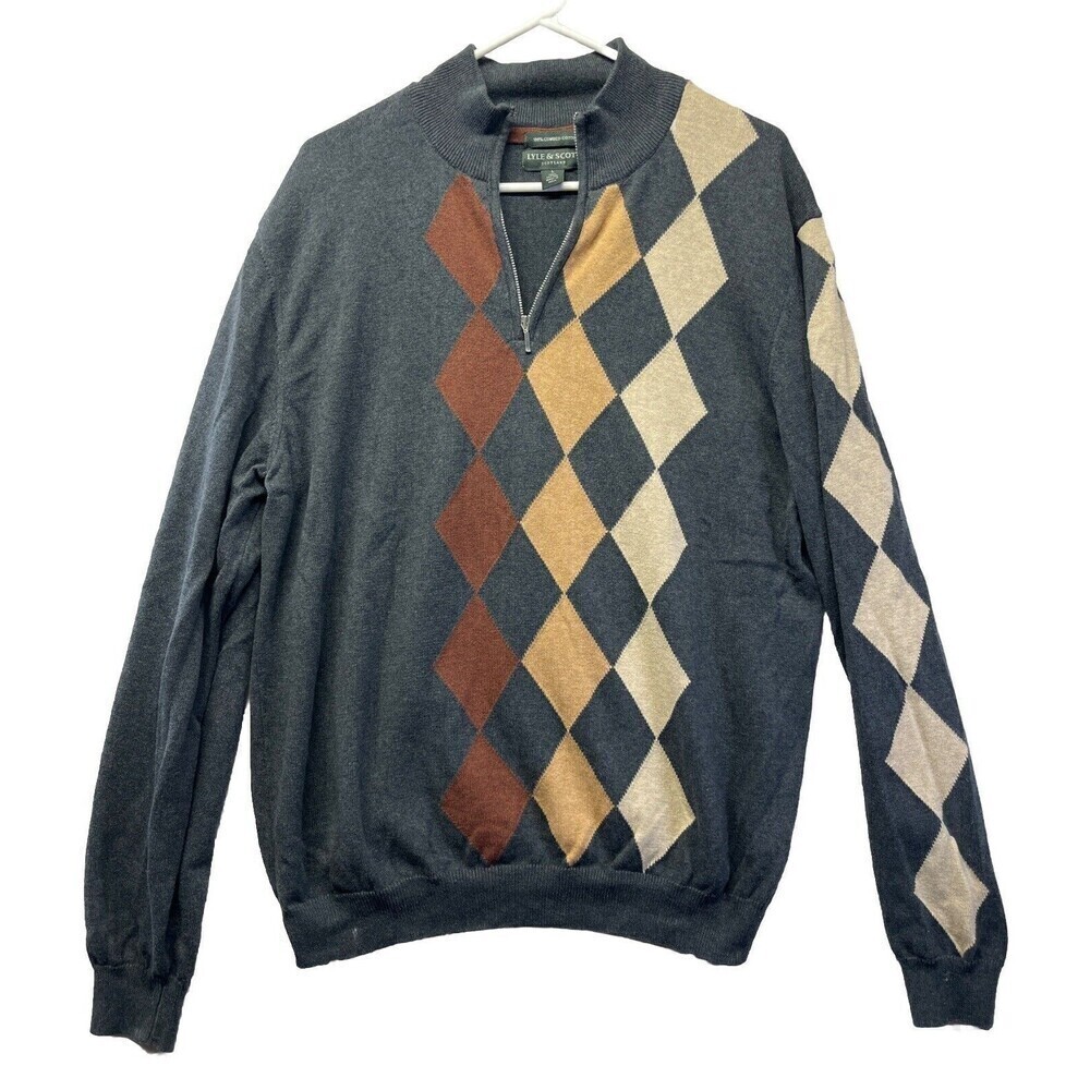 Lyle & Scott Brown Gray Argyle 1/4 Zip Combed Collared Cotton Sweater Size Large